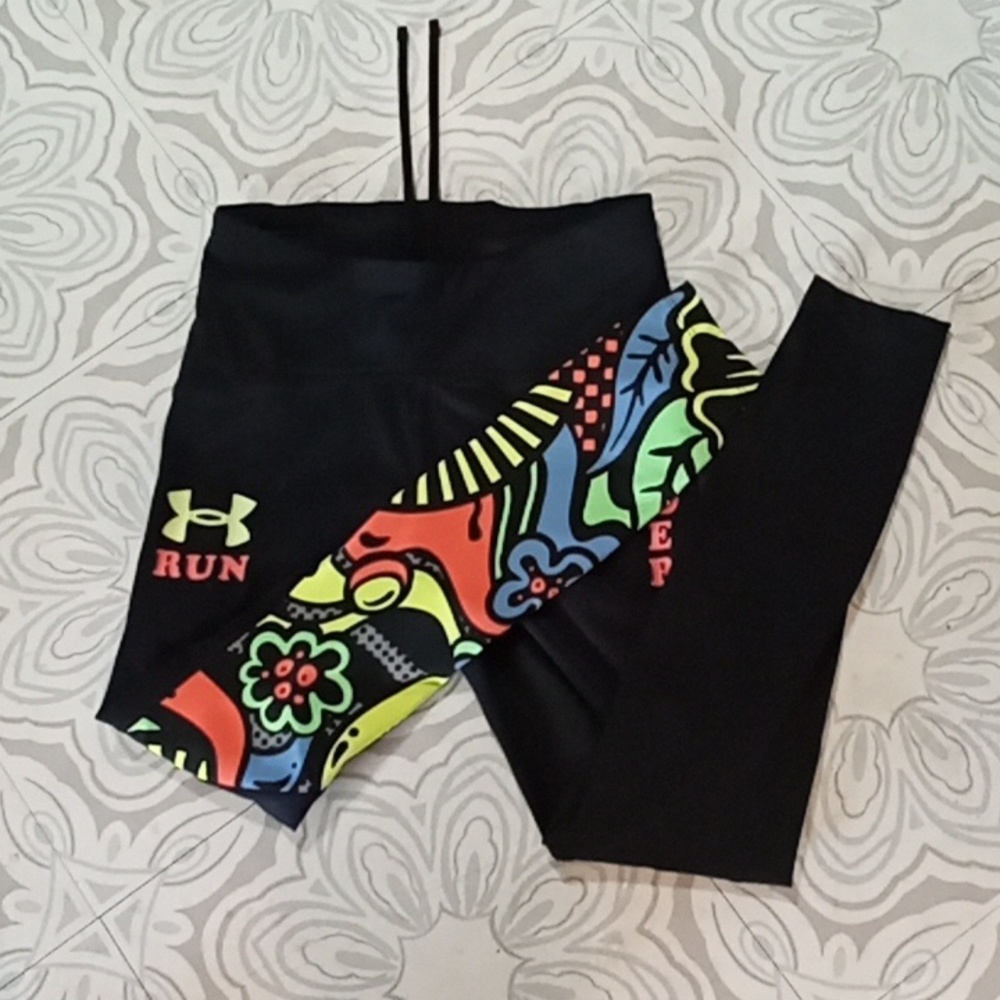 Women Spandex pants Sz Small armour stretch neon color Athletic sports biker Bla